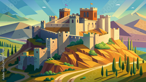 The Krak des Chevaliers in Syria, a medieval Crusader castle, rises dramatically above rolling hills, its fortified walls and towers symbolizing strength and resilience through turbulent centuries.