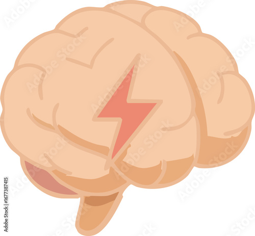 This illustration depicts a stylized human brain with a red lightning bolt symbol in the center, representing energy, mental activity, or neurological conditions.