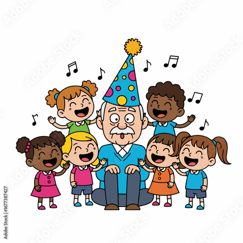 Cheerful Handdrawn Cartoon Grandfather Surrounded by Kids Celebrating Birthday Illustration