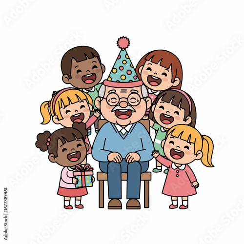 Cheerful Flat Style Grandfather Celebration with Children Illustration for Birthday