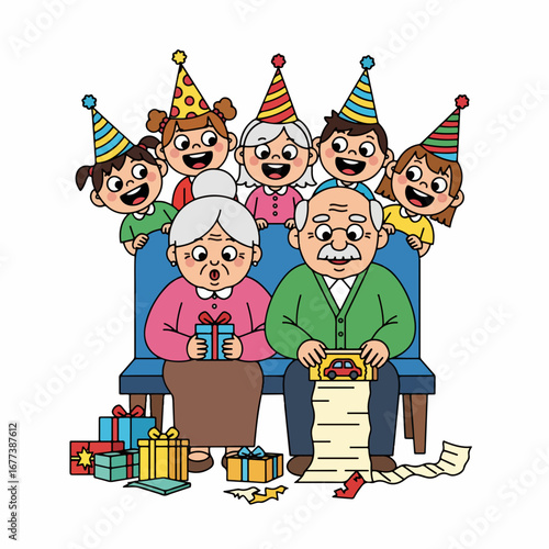 Cheerful Flat Illustration Grandparent With Grandchild Party Celebration Occasion Element
