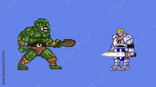 Animation from an old 32-bit game of a medieval soldier with his sword and an ogre on a blue background, pixel art.