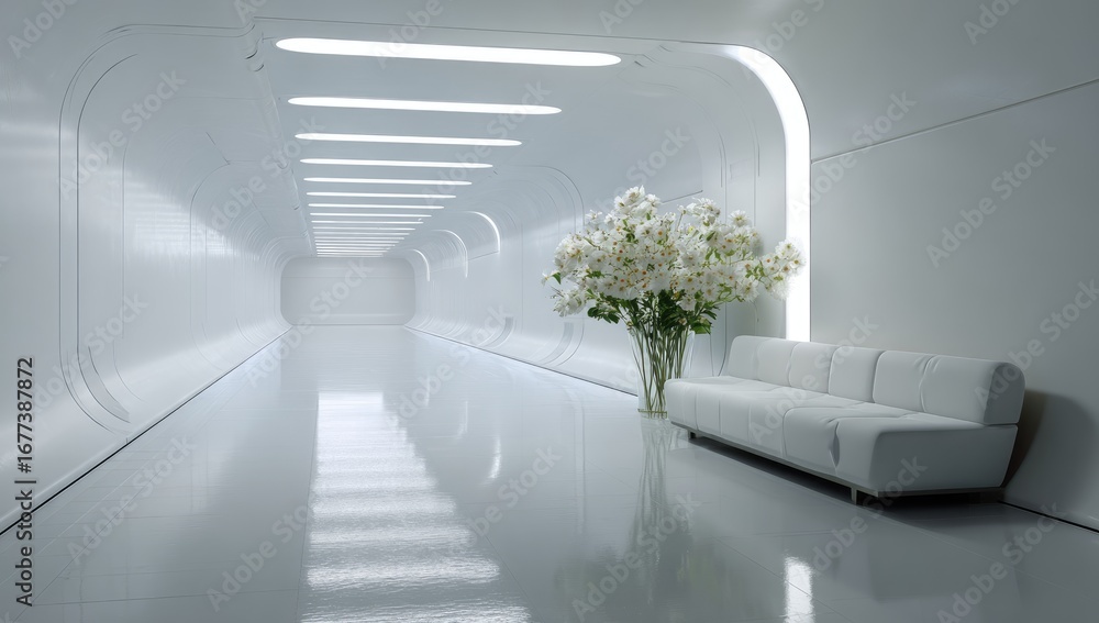 Fototapeta premium Futuristic white hallway with a bouquet