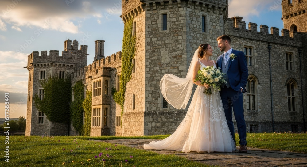 Obraz premium A bride and groom standing in front of a castle with a bride wearing a white dress and groom wearing a blue suit.