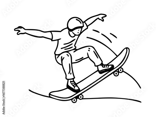 Skateboarder doing trick outline vector art illustration for extreme sports and recreation design projects
