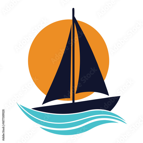 Dark blue sailboat on turquoise waves against orange sun sailing ocean