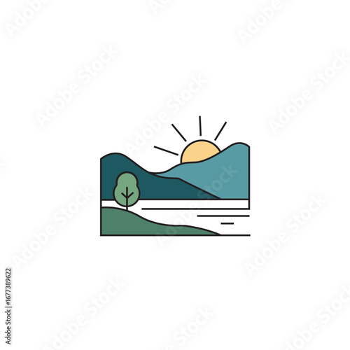 landscape logo design,  lawn care, landscape vector, Rural Landscape logo , creek logo, mountain & creek, high ridge,  Hills Logo , green land, farm Land Agriculture Flat Illustration Logo