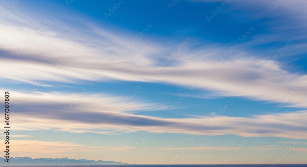 Fototapeta premium Wispy Cirrus Clouds Paint a Serene Sky Above a Distant Mountainous Horizon and Calm Ocean