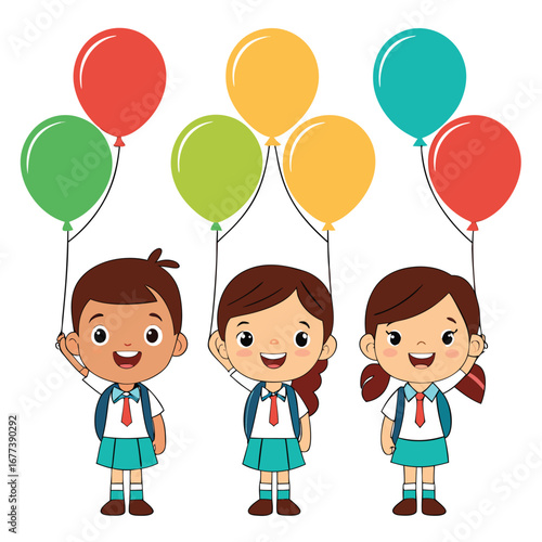 Diverse children holding colorful balloons on white background