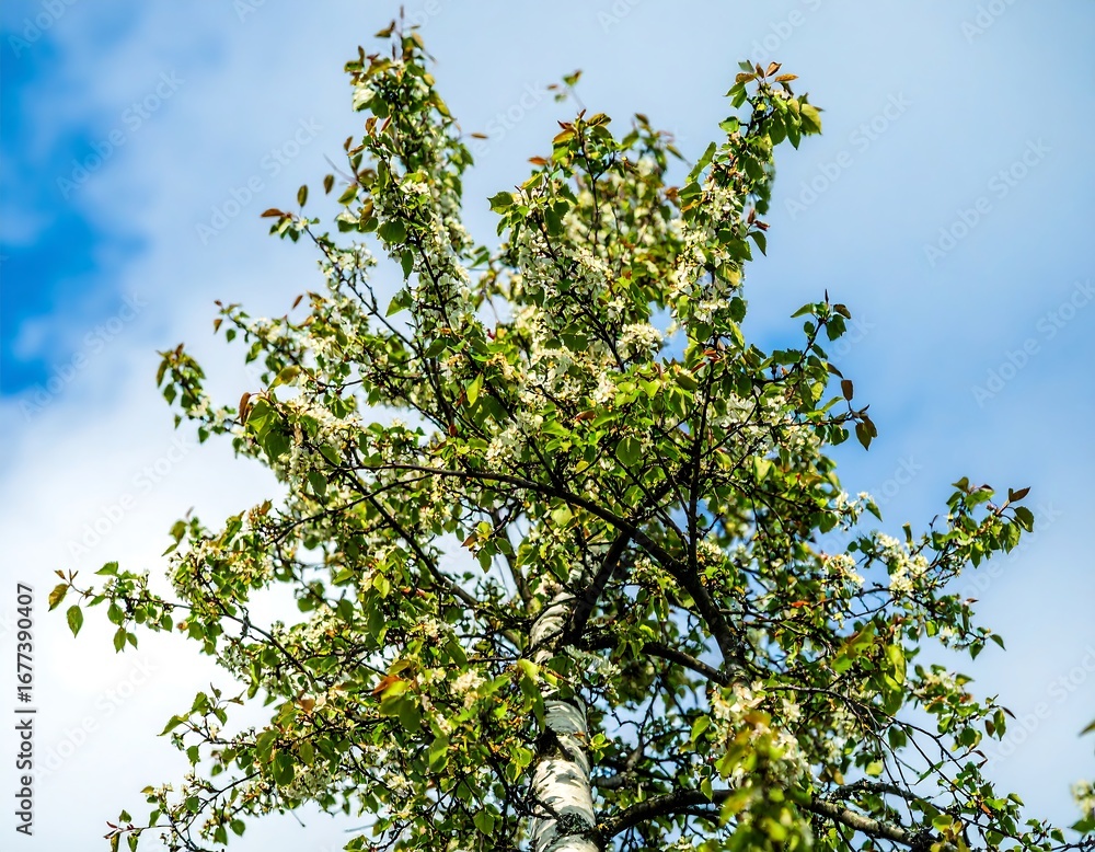 Obraz premium Blossoming tree against a partly cloudy sky
