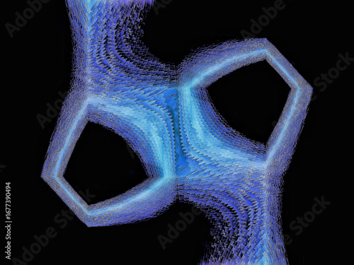 Twisted, glowing blue and violet geometric shapes on a black background. This abstract image suggests digital art, motion, and a futuristic aesthetic. Digitally generated images.