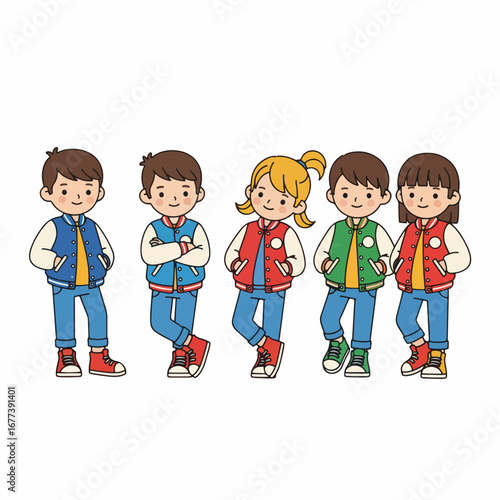 Playful Handdrawn Diverse Group of Children Wearing Varsity Jackets Illustration