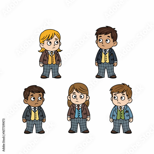 Cartoonish Handdrawn Group of School Children Character Standing Together Illustration