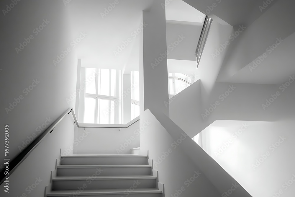 Fototapeta premium An interior staircase design with clean lines and bright lighting showcases a modern architectural space.