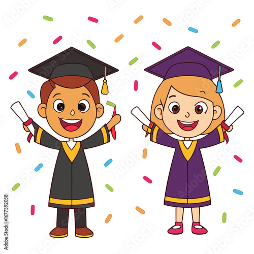 Graduating children holding diplomas with confetti