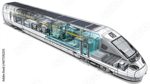 Cutaway 3D model of a solar-powered high-speed train with regenerative braking, AI route optimization, magnetic levitation, and batteries.