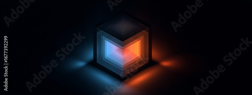 An abstract, futuristic cube glows with a vibrant split of blue and orange light, casting a radiant reflection onto the dark surface below. Sense of modern technology and minimalist art