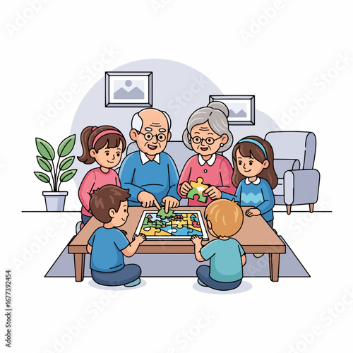 Cartoon Style Detailed Family Playing Board Game Illustration Together
