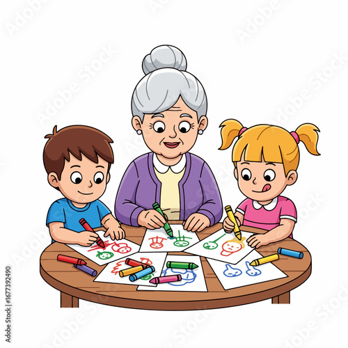 Cartoon Illustration of Grandmother Teaching Children to Draw at a Round Table