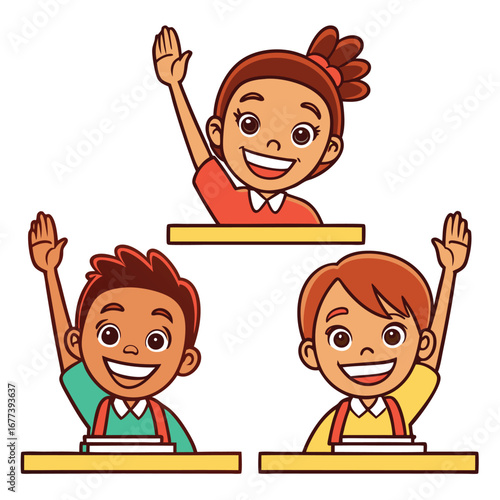 Students raising hands in a classroom children kids