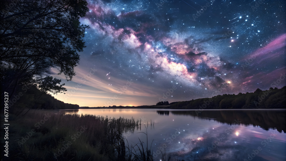 Obraz premium Milky Way Over Calm Lake, Starlit Reflections on Water, Cosmic Night by the Lake, Celestial Glow at Lakeside