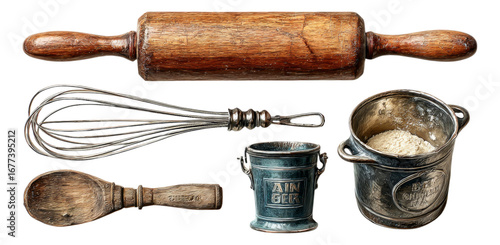 Vintage Cooking Utensils and Tools on Isolated Transparent Background