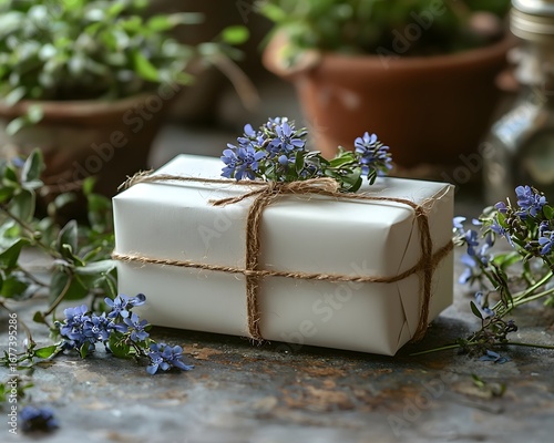 A handmade gift box wrapped in twine with floral accents