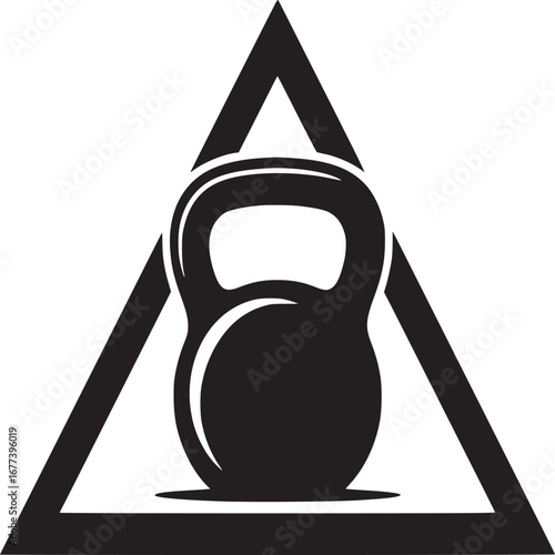 A black kettlebell inside a black triangle on a white background in a minimalist style design