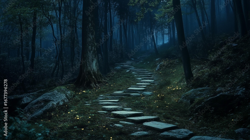 Fototapeta premium Winding Stone Path ThroughDark Forest at Night