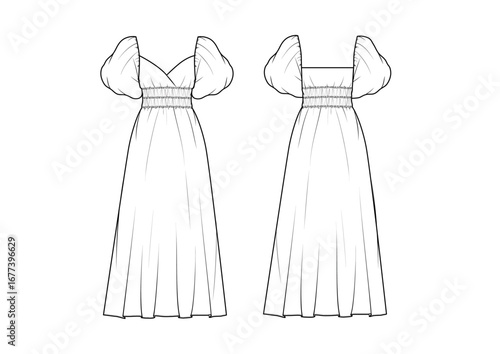 Women Resort Puff Sleeves Smocking Waist Bustier Maxi Dress, fashion flat sketch, Editable Flat Technical Drawings Illustration, Dress Mockup