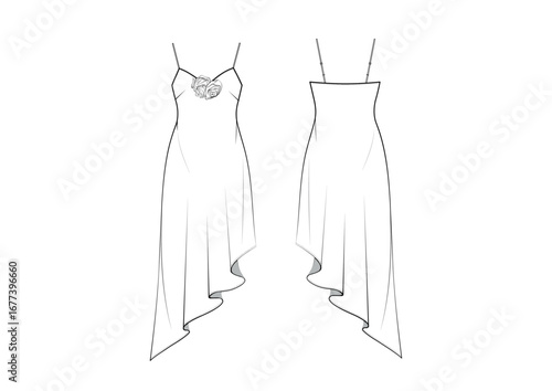 Women Feminine Floral Appliqué Asymmetric Hem Evening Slip Dress, fashion flat sketch, Editable Flat Technical Drawings Illustration, Slip Dress Mock up

