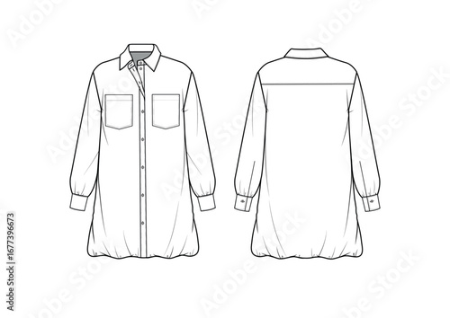 Women Button Down Bubble Hem Shirt Dress With Bubble Hem, Front & Back View, fashion flat sketch, Editable Flat Technical Drawings Illustration, Dress Mockup
