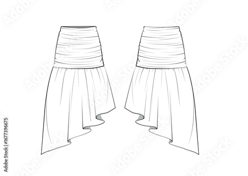 Women Ruched Details Ruffle Hem Asymmetric Midi Skirt, fashion flat sketch, Editable Flat Technical Drawings Illustration, Skirt Mockup