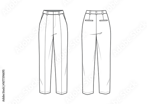 Women Tailored Slim Fit Tapered Leg Pants , Front & Back View, CAD fashion flat sketch, Editable Flat Technical Drawings Illustration, Pants Mockup