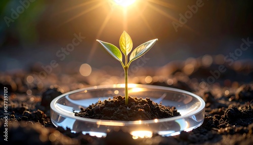 Sprout Growing in Soil with Sunlight Behind Close-up