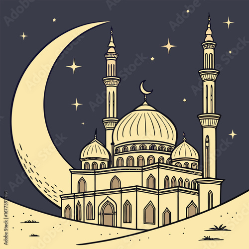 Ornate mosque illustration stands beneath stars and a massive crescent moon during a serene night