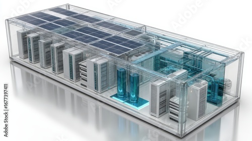 Cutaway 3D render of an eco-friendly data center with solar panels, wind turbines, water cooling pipes, and energy-efficient servers. White background.