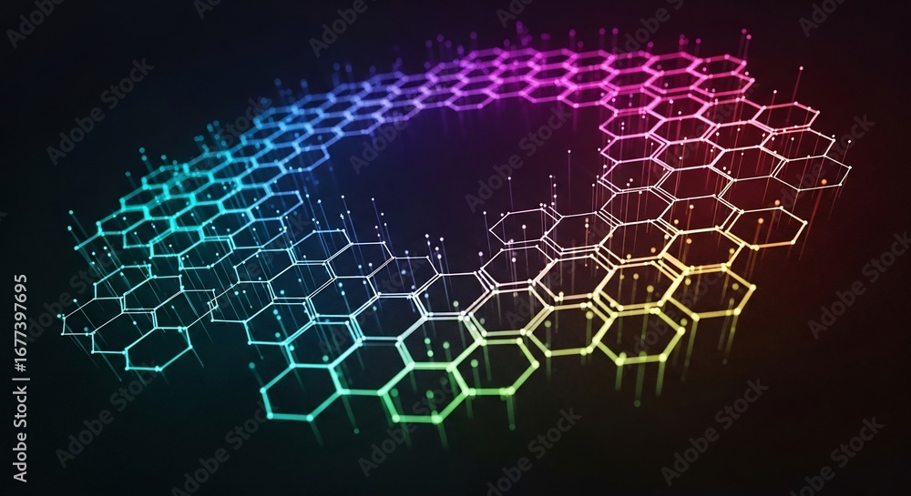Obraz premium Abstract Hexagonal Network: Glowing, Colorful, Futuristic, Data Visualization, Dark Background.