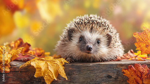 Fototapeta Naklejka Na Ścianę i Meble -  Autumn animal wildlife background - A cute hedgehog autumnal leaves landscape backdrop