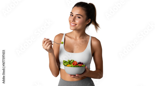 Healthy Eating: A radiant young woman savoring a colorful salad. A lifestyle of healthy eating and self-care, promoting vitality and wellness.
