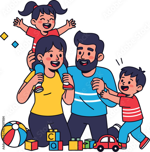 Happy family playing together joyfully with toys, love and togetherness