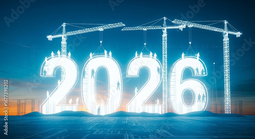 The year 2026 is under construction by cranes with bright lights against a dark sky a perfect powerful and futuristic concept for building a better new year