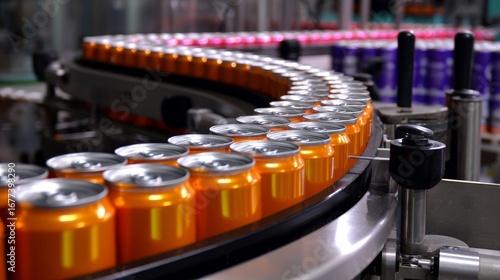 A conveyor belt is filled with orange cans of soda