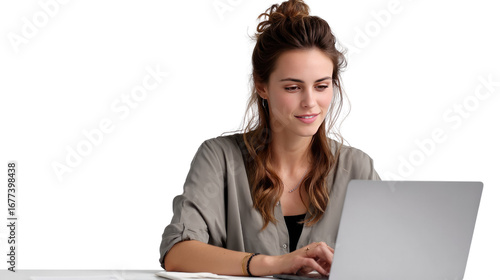Woman working with laptop: Captivating view of a woman attentively using a laptop. Focus on the woman's expression and posture as she interacts with the device.