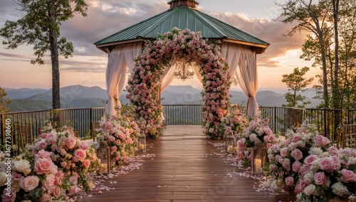 Romantic gazebo wedding ceremony at sunset