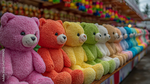 colorful plush teddy bears on display carnival booth amusement park fairground fun festival stuffed animal toys game prize decor and childhood toy entertainment collection