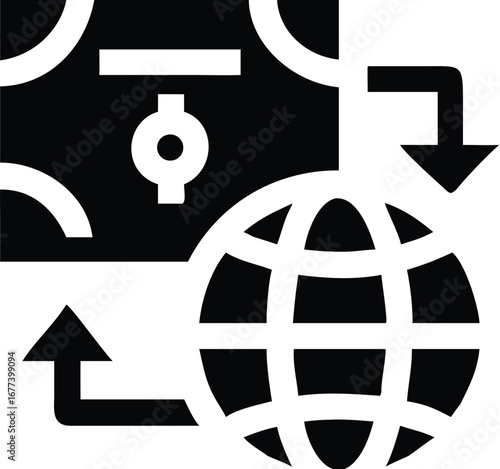 Vector art of global money transfer icon with arrows indicating international currency exchange and financial transactions
