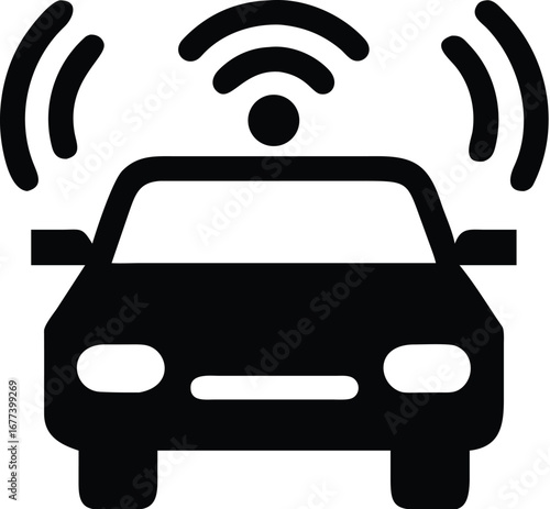Vector art of black silhouette of a car with wifi signal waves emanating from the roof