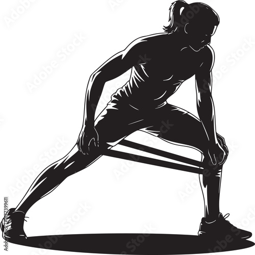 Silhouette of a man stretching with a resistance band in a lunge position on a white background