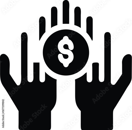 Vector art of two open hands with a coin featuring a dollar sign between them, symbolizing financial support or charity